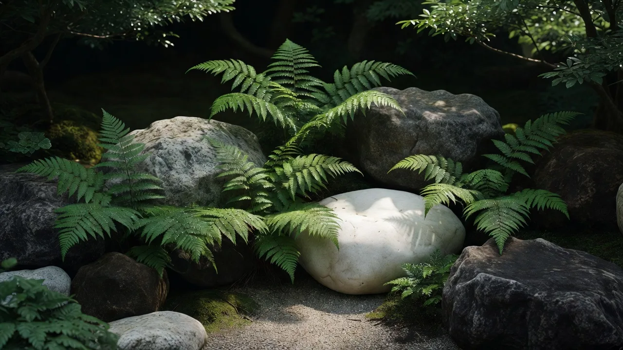 Lush ferns among stones