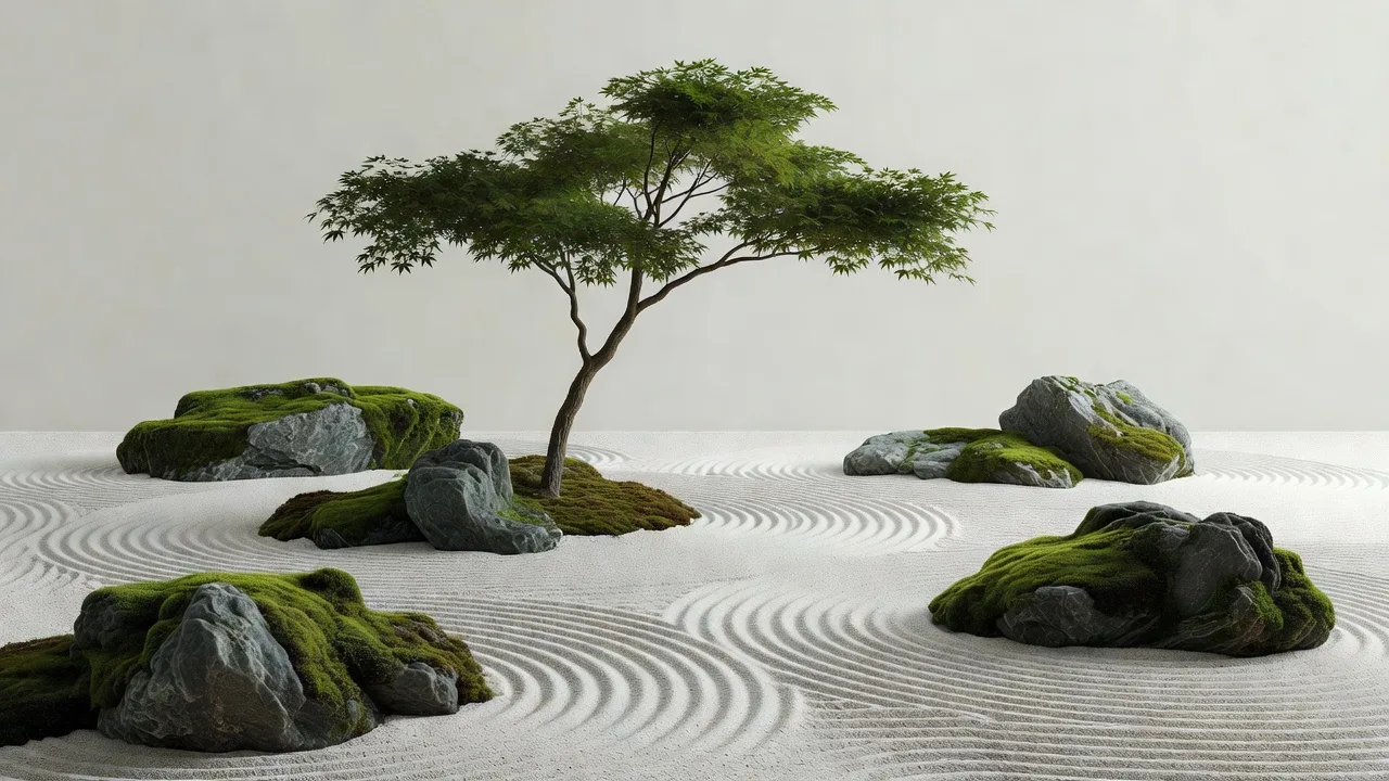 Minimalist Japanese zen garden with moss, rocks and maple