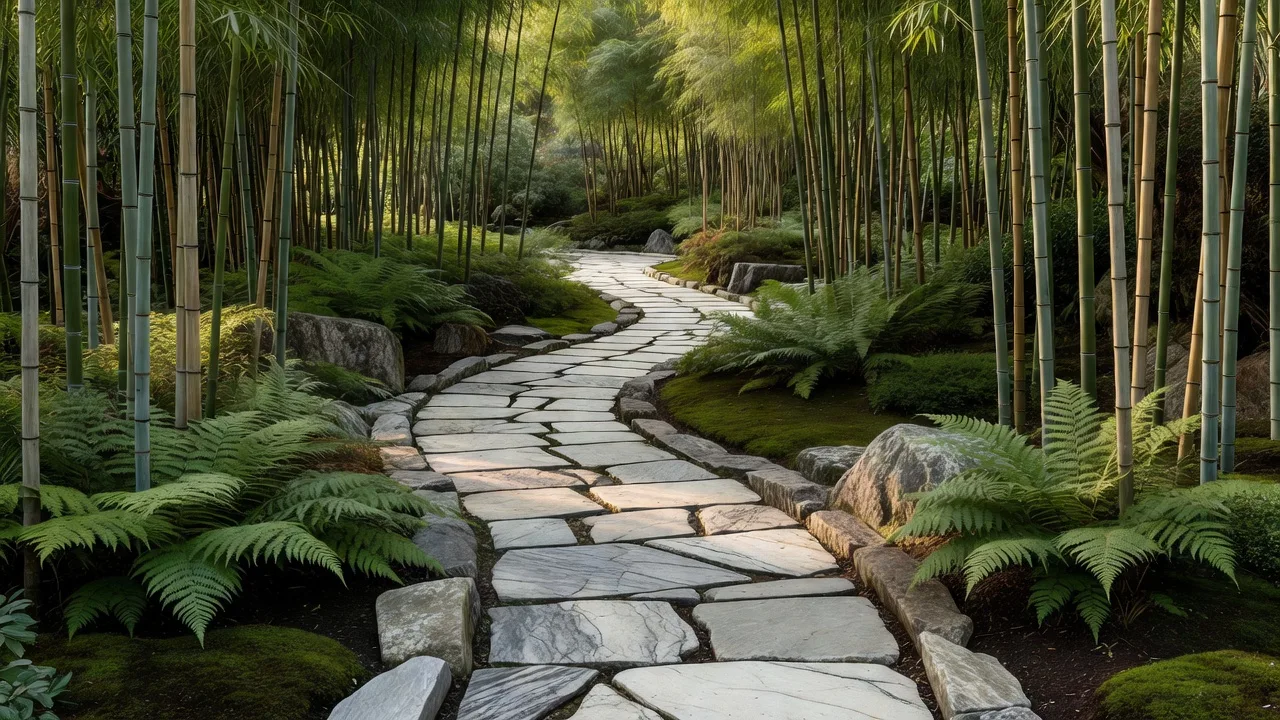 Natural stone pathway with bamboo and ferns