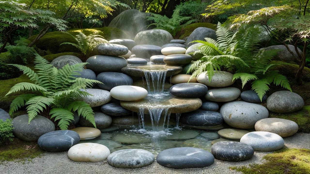Stone water feature with ferns