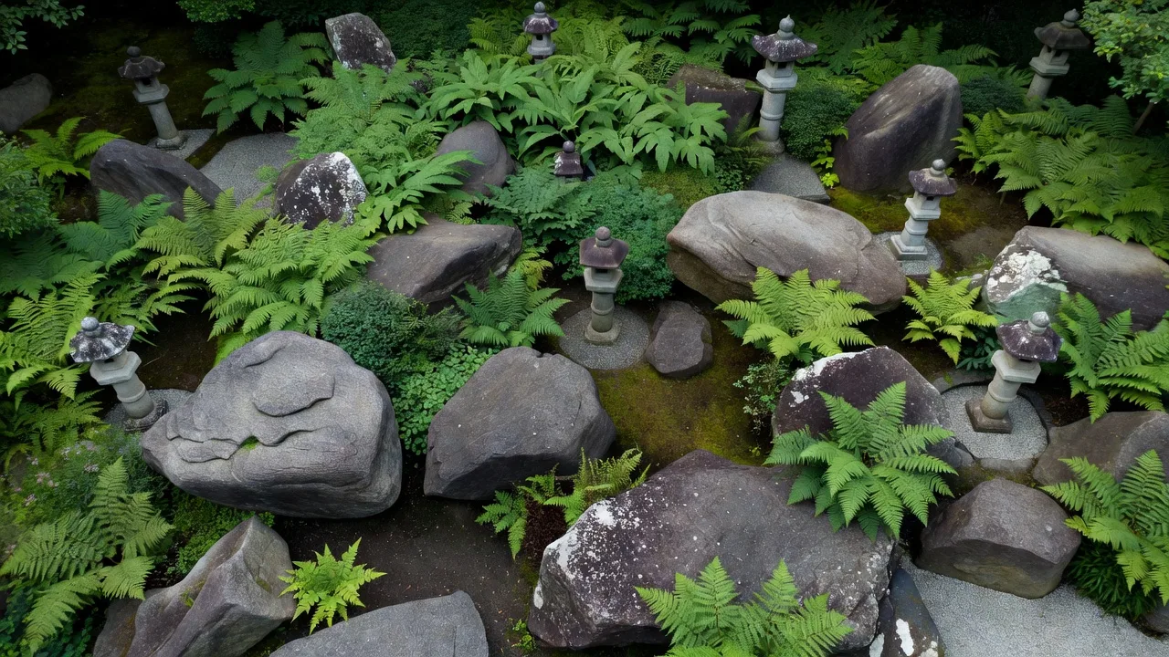 Aerial view of Japanese garden with stones and lanterns