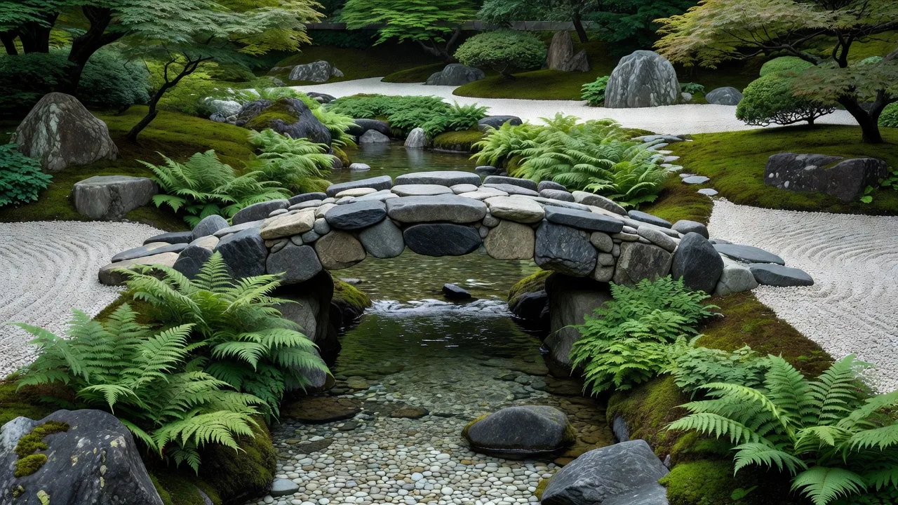 Natural stone footbridge over stream with ferns