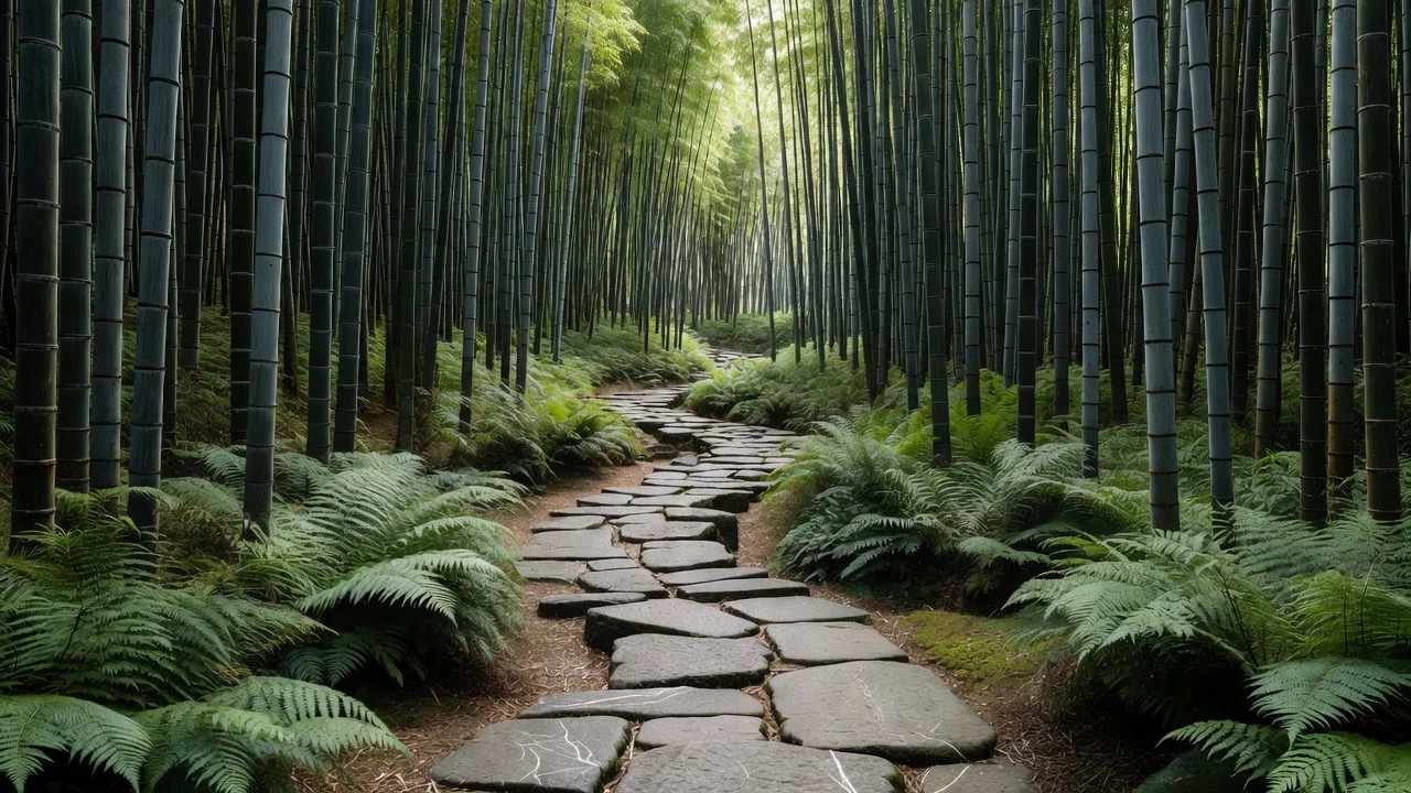 旅館庭園の竹林と石畳