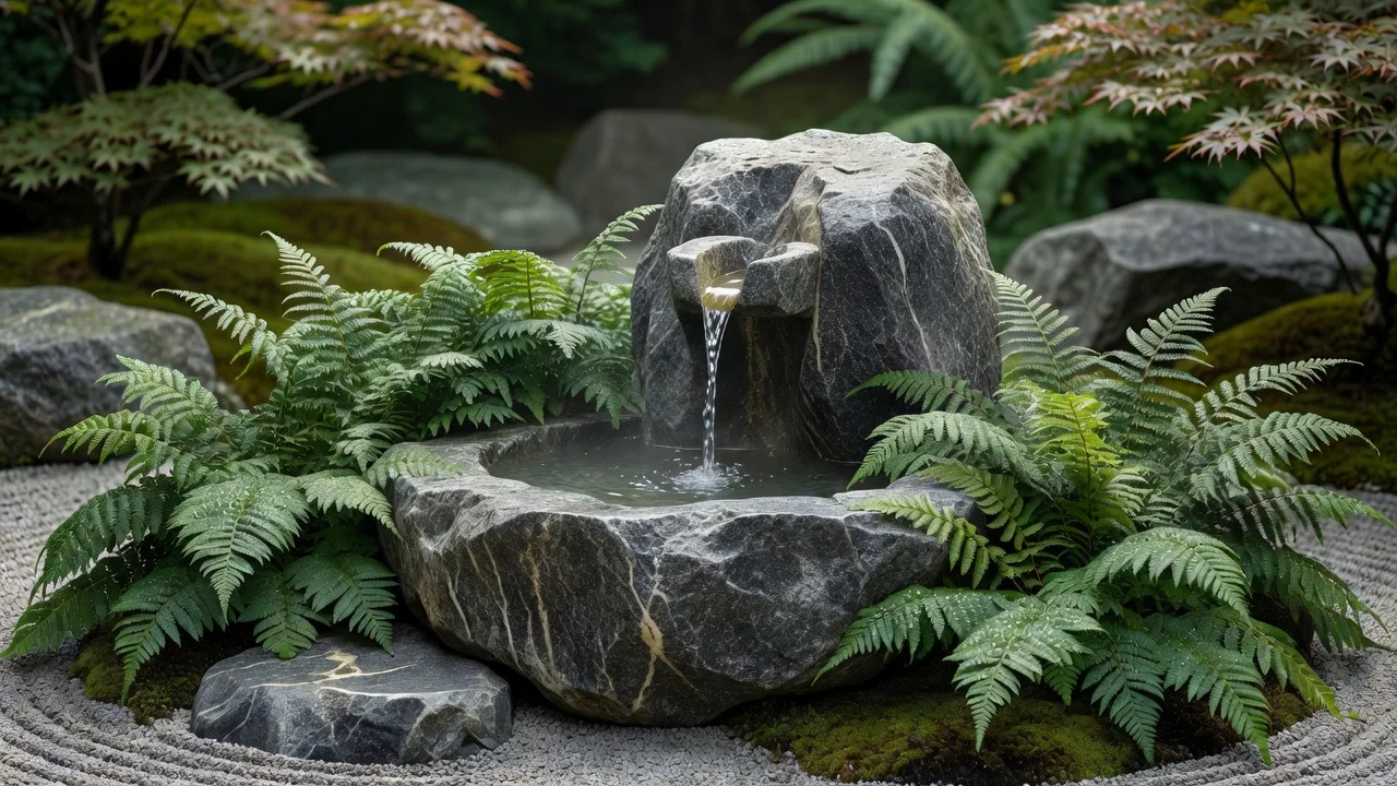Stone water fountain with ferns