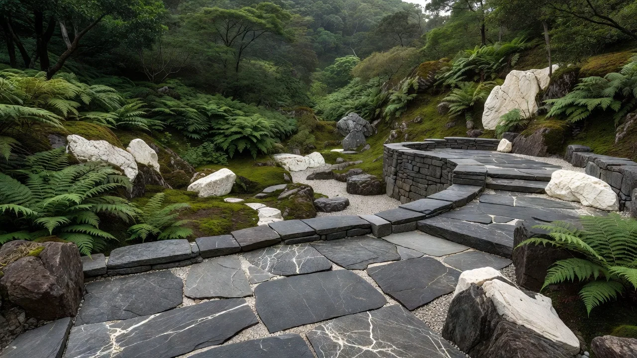 Natural stone terrace overlooking fern valley