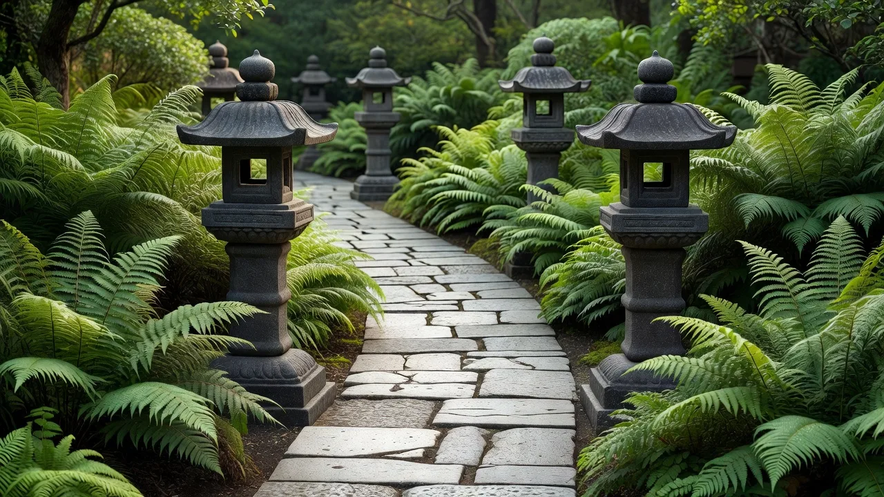 石灯籠へ続く飛石の道