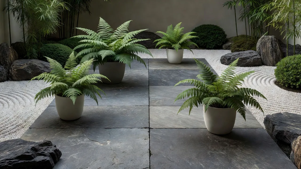 鉢植えのシダがある石のパティオ